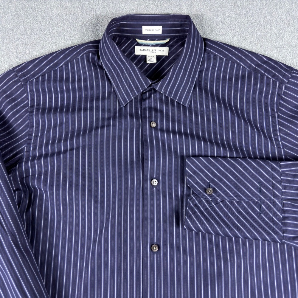 Banana Republic Dress Shirt Mens 16-16.5 Blue Striped Woven in Italy French Cuff